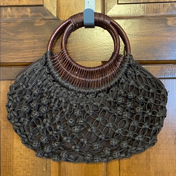 Coldwater Creek Macrame’ Brown mid-size bag with dual Round wicker handles BOHO - Picture 3 of 11